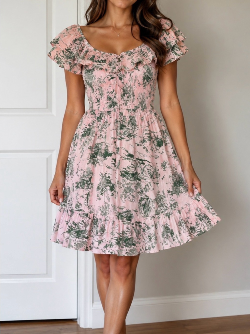 Floral off the shoulder Ruffle Mini Dress Pink with Green Toile Print